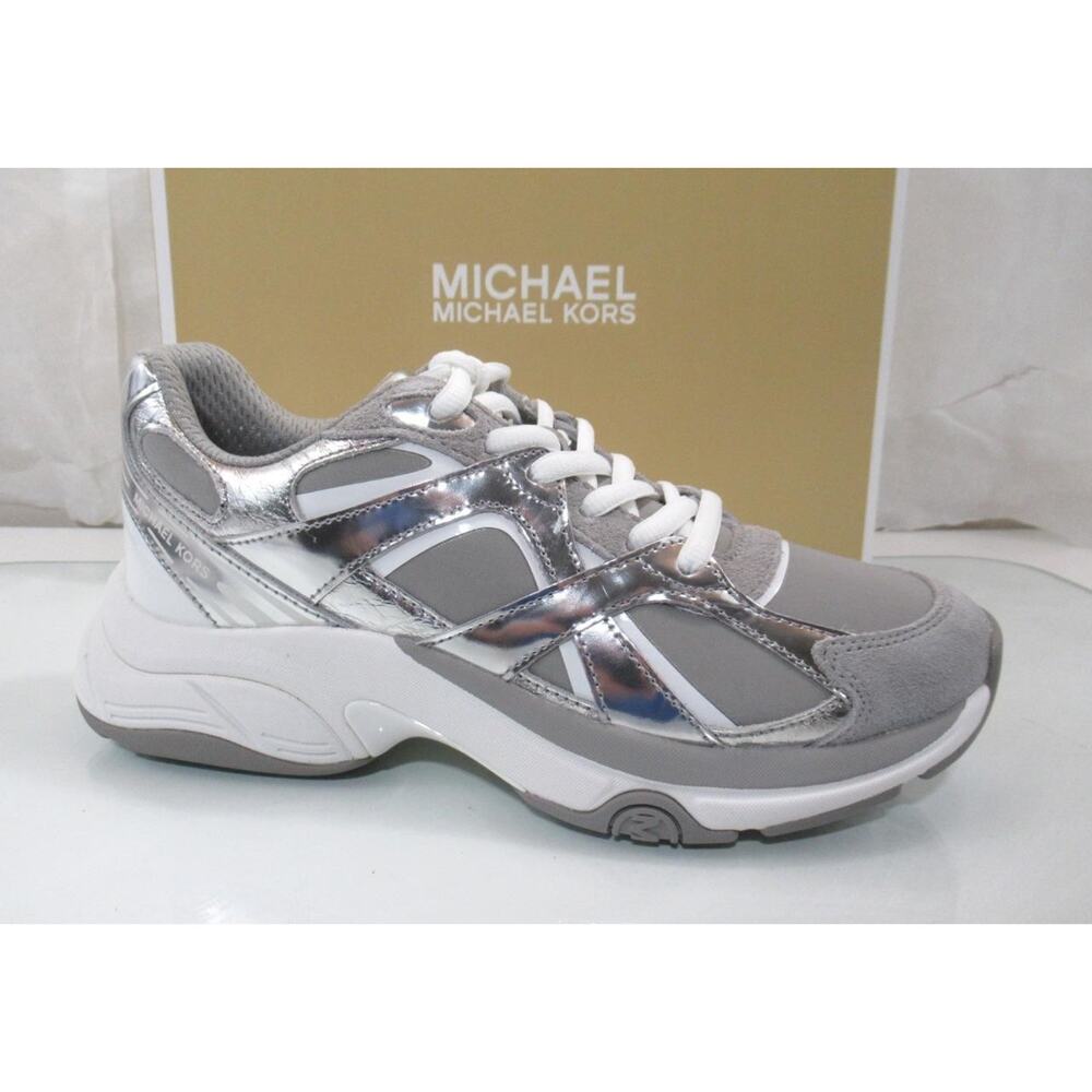 Michael Kors Leo Trainer Lace Up Sneakers MK Signature Silver - Picture 1 of 11